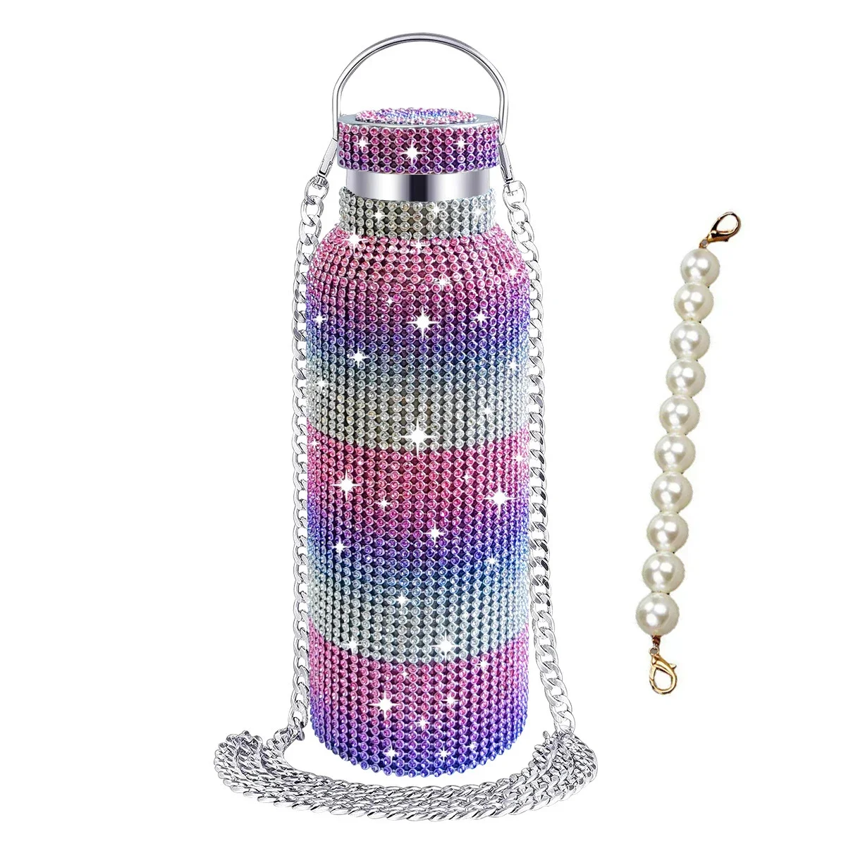

500/600/750/1000ml Diamond Thermos Bottle With 2pcs Chain Portable Rhinestone Water Bottle Stainless Steel Thermal Vacuum Flask