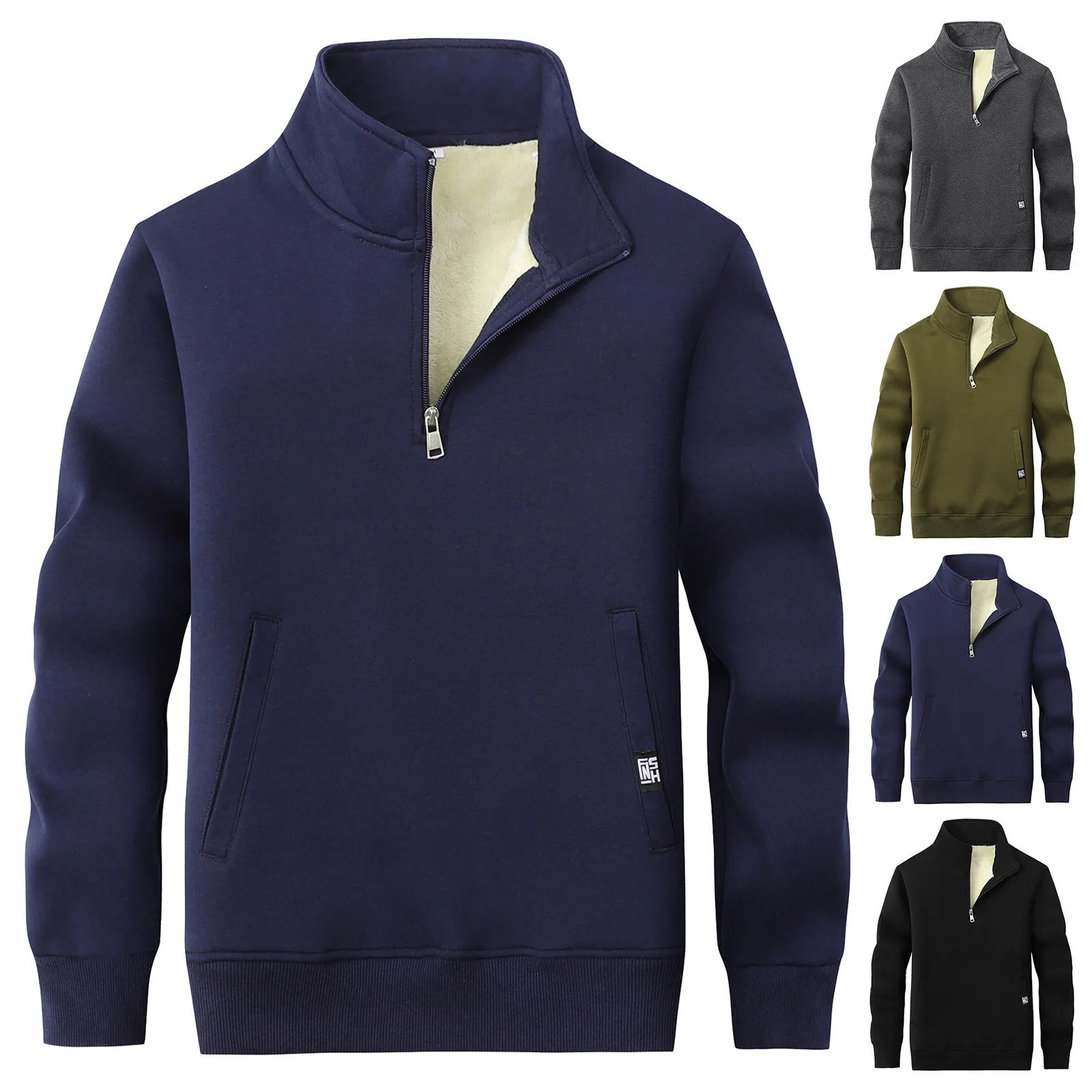 Мужская потертая толстовка с воротником-стойкой свободная и теплая Толстая