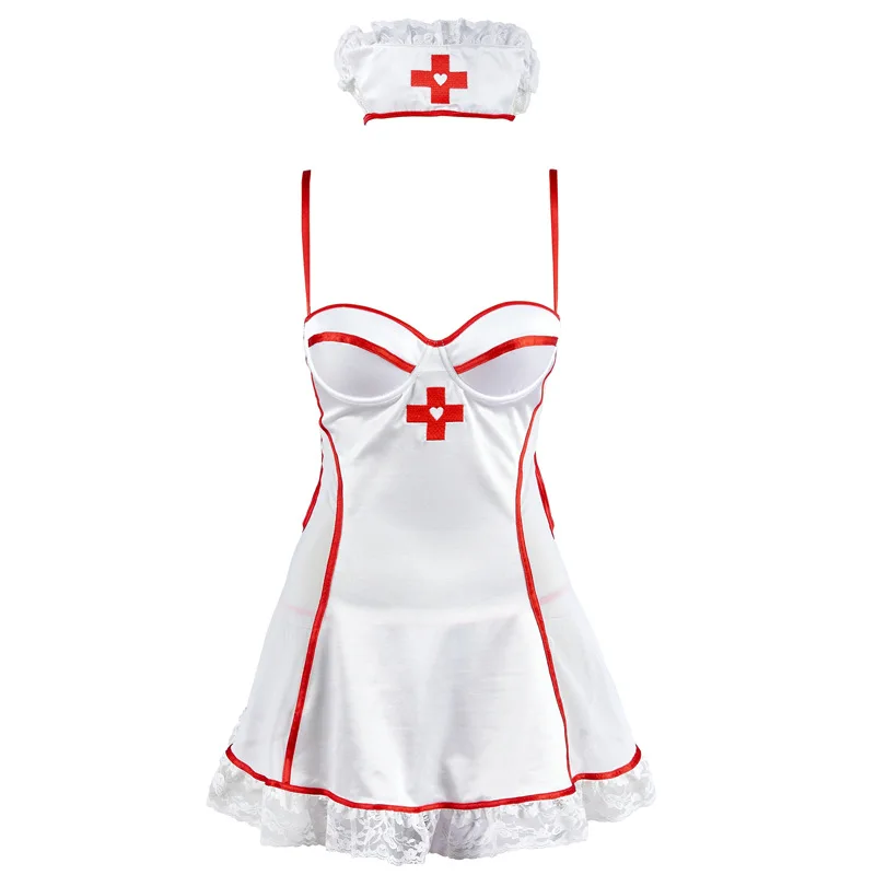 

2022 New Fashion Sexy Suspenders Ladies White Nurse Skirt Uniform Cosplay Costume Embroidery Lace Edge Skirt Uniform Women
