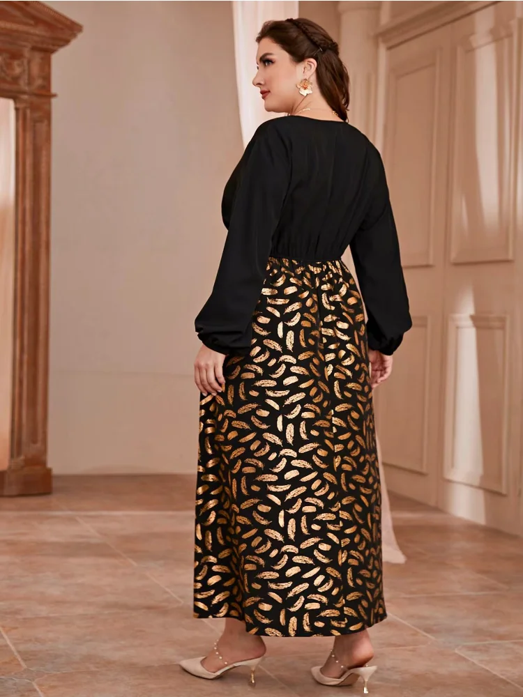 High-waisted temperament commuting long skirt pullover gilded print sexy V-neck dress for women plus size women clothing
