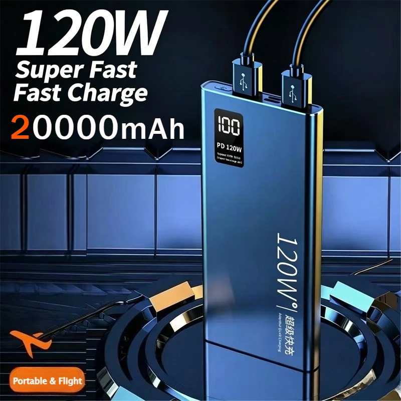 Фото Портативное зарядное устройство Power Bank 20000 мАч, 120 Вт, сверхбыстрая зарядка, 100% полная емкость, цифровой дисплей, для iPhone, Xiaomi №1