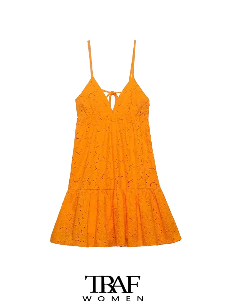 

TRAF Women Fashion Cutwork Embroidery Ruffle Mini Dress Vintage Backless Side Zipper Tied Thin Straps Female Dresses Mujer
