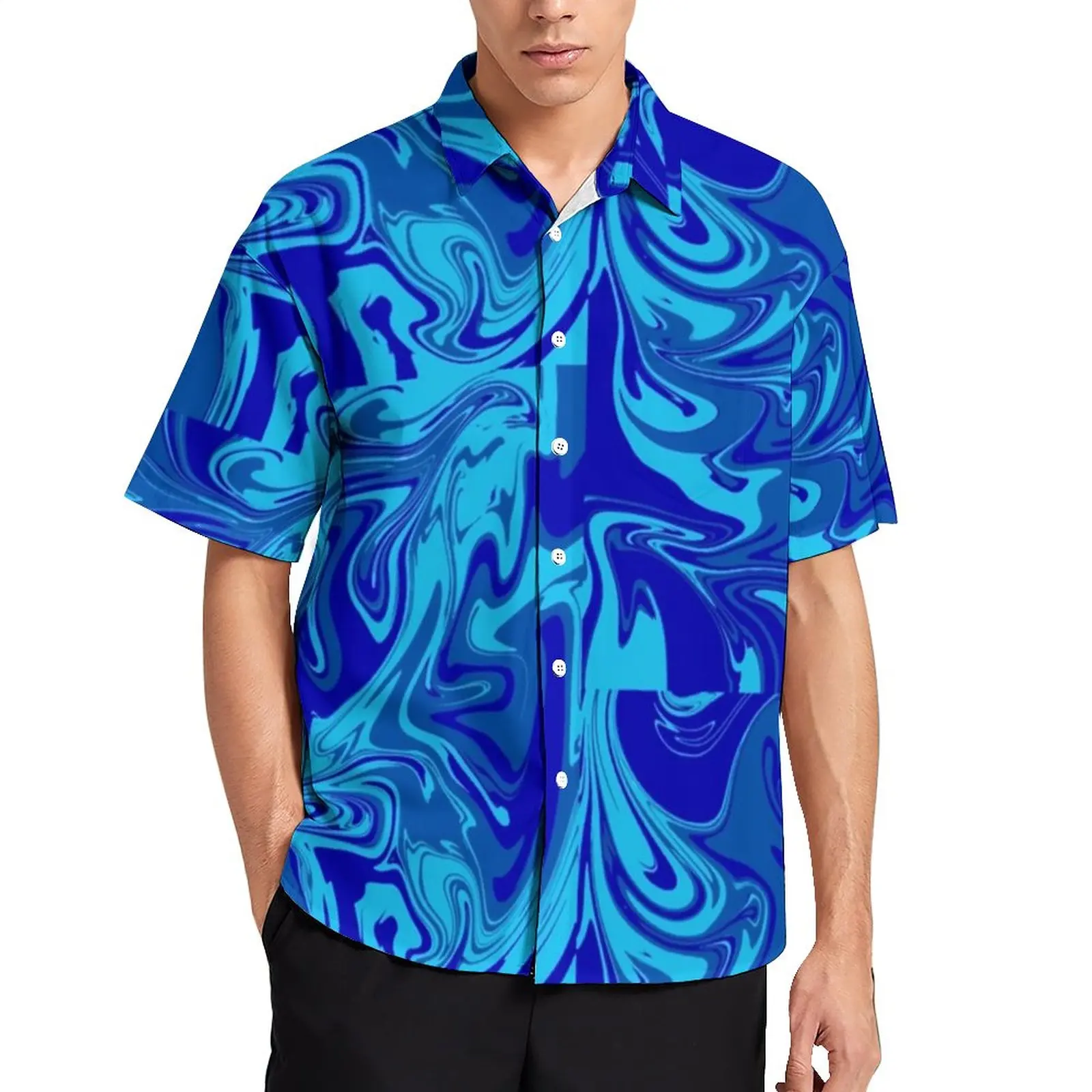

Голубая неоновая Свободная рубашка, мужские пляжные повседневные рубашки с абстрактным рисунком жидкости, гавайский дизайн, с коротким рукавом, Y2K блузки оверсайз