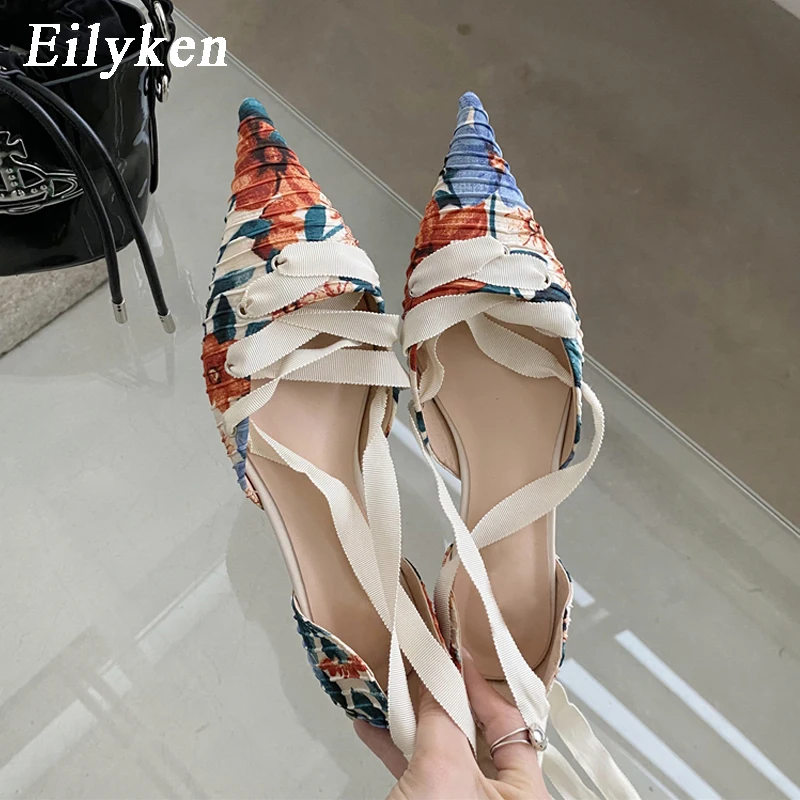 

Eilyken Summer Women Pumps Fashion Printed Totem Elegant Flat Heel Brand Sandals Pointed Toe Lace-Up Office Ladies Shoes