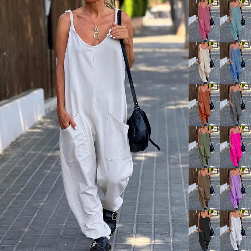 

Plus Size Women Casual Jumpsuit Summer Loose Wide Leg Pants Bib Overalls Trendy Pocket Sleeveless Strap Baggy Streetwear Rompers