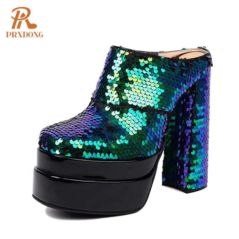 

Женские сандалии, новинка, соблазнительные туфли на высоком каблуке и толстой платформе, черные, серебристые, золотистые, украшенные страза...