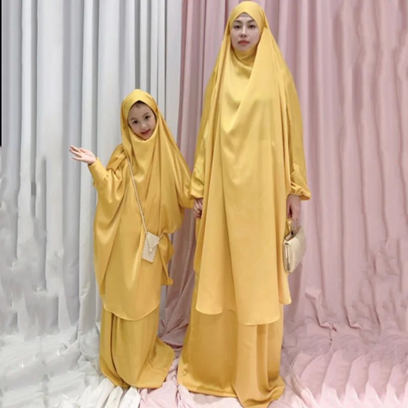

Ramadan Satin Muslim Sets Hijab Prayer Dress for Kids Abaya Dubai Turkey Islamic Clothing Girl Abayas for Children+ Skirt Burka