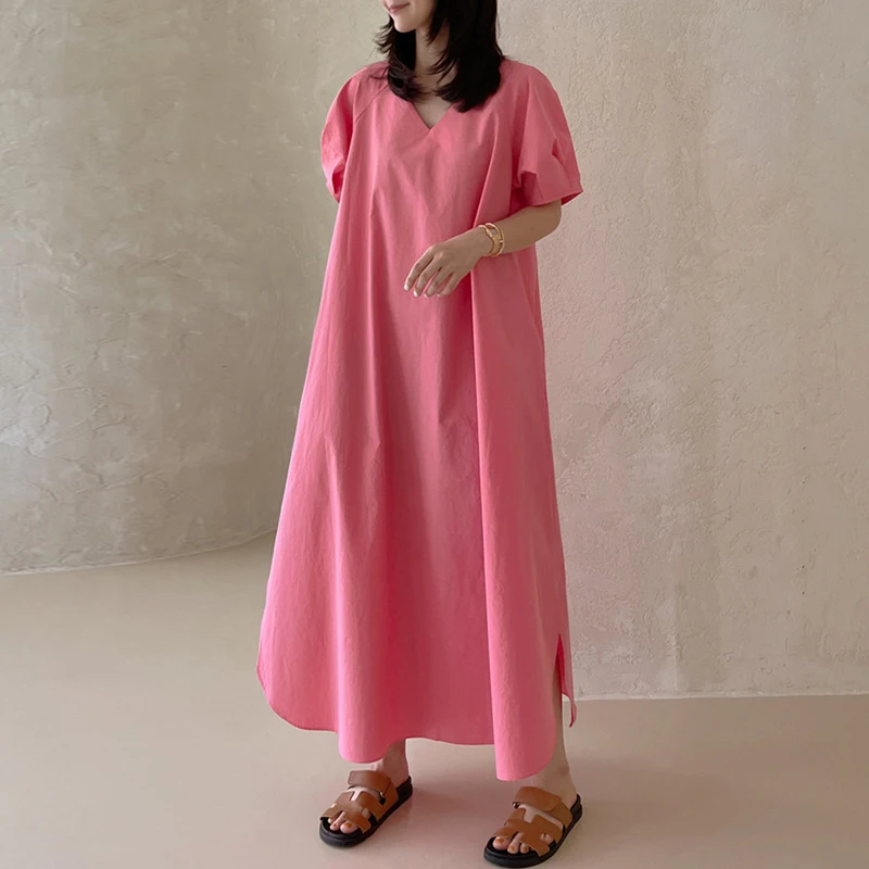 

Johnature 2022 New Korean Puff Sleeve Women Dresses Summer Casual V-neck Loose Pockets Solid Color Simple Female Dress