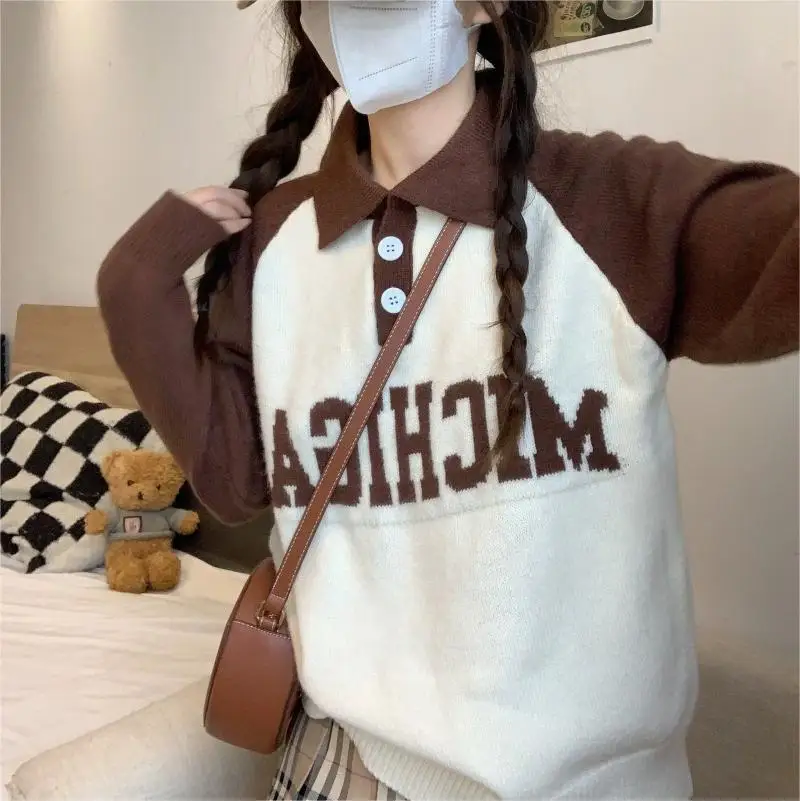 

2023 New Polo Neck Letter Knitted Sweater Long Sleeve Fresh and Sweet College Style Joker Spring and Autumn Knitted Sweater