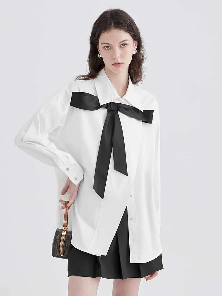 

Syiwidii Bow Women Button Up Shirt Ladies Tops Blouse Casual 2022 Loose Fashion Turn-down Collar Striped Covered Button White