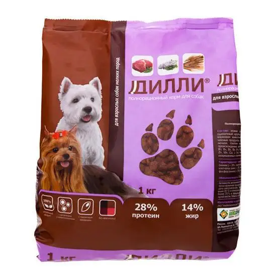 Дилли полнорационный для взрослых мелких пород с курицей и индейкой сухой корм для собак 1 кг