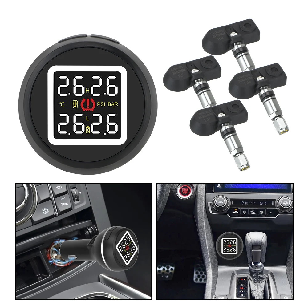 

TPMS Cigarette Lighter Type Save Fuel High Temperature Alarm with 4 Internal Sensors Car Tire Pressure Monitoring System