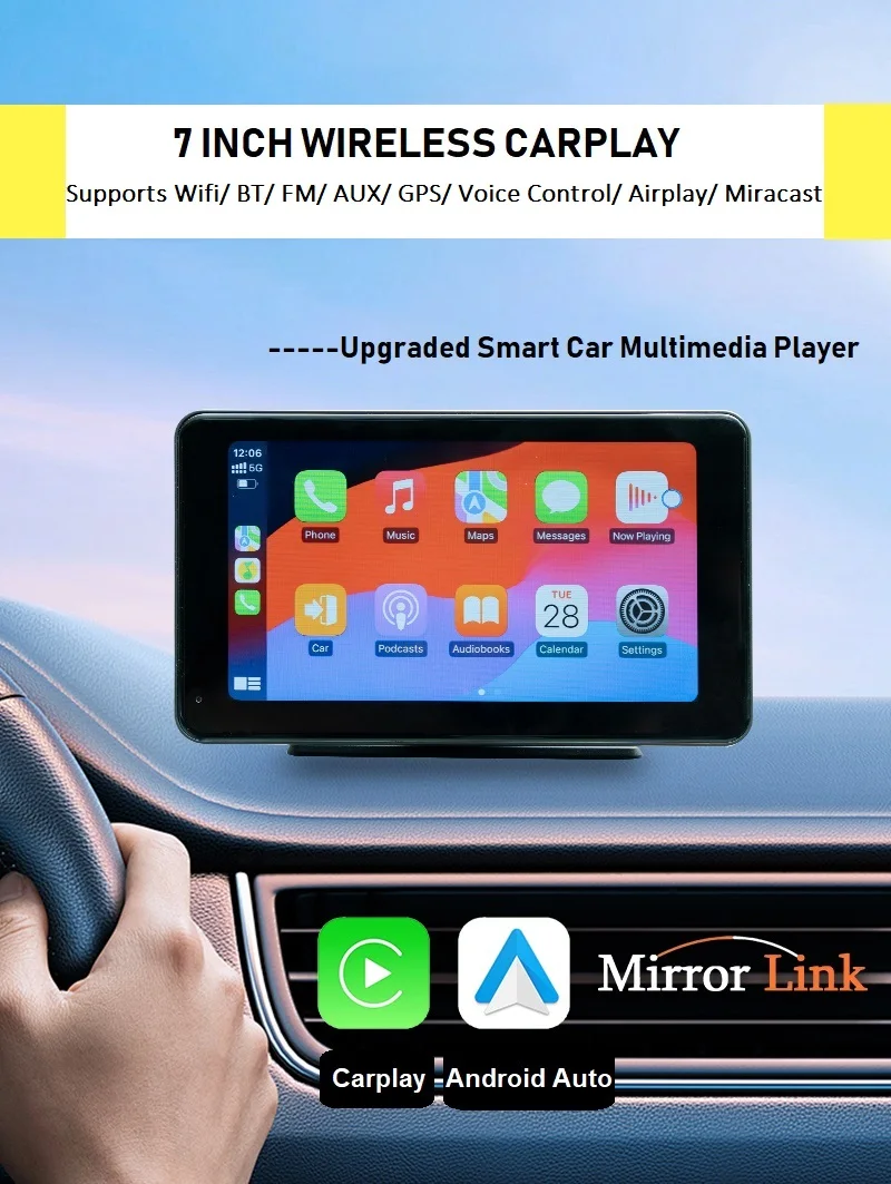 7-дюймовый автомобильный экран стерео Carplay Android Auto беспроводная автомобильная