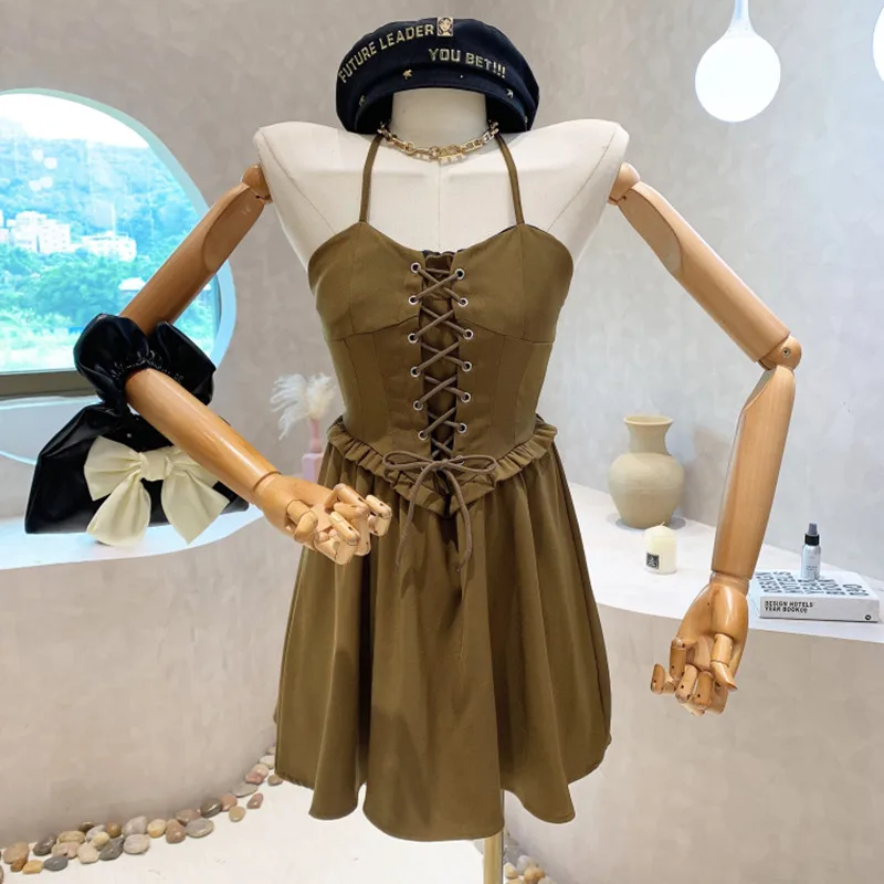 

New Women's Clothing 2022 Summer thin sexy slim Sleeveless halter Lace up Pleated suspender dress vestido elegantes para mujer
