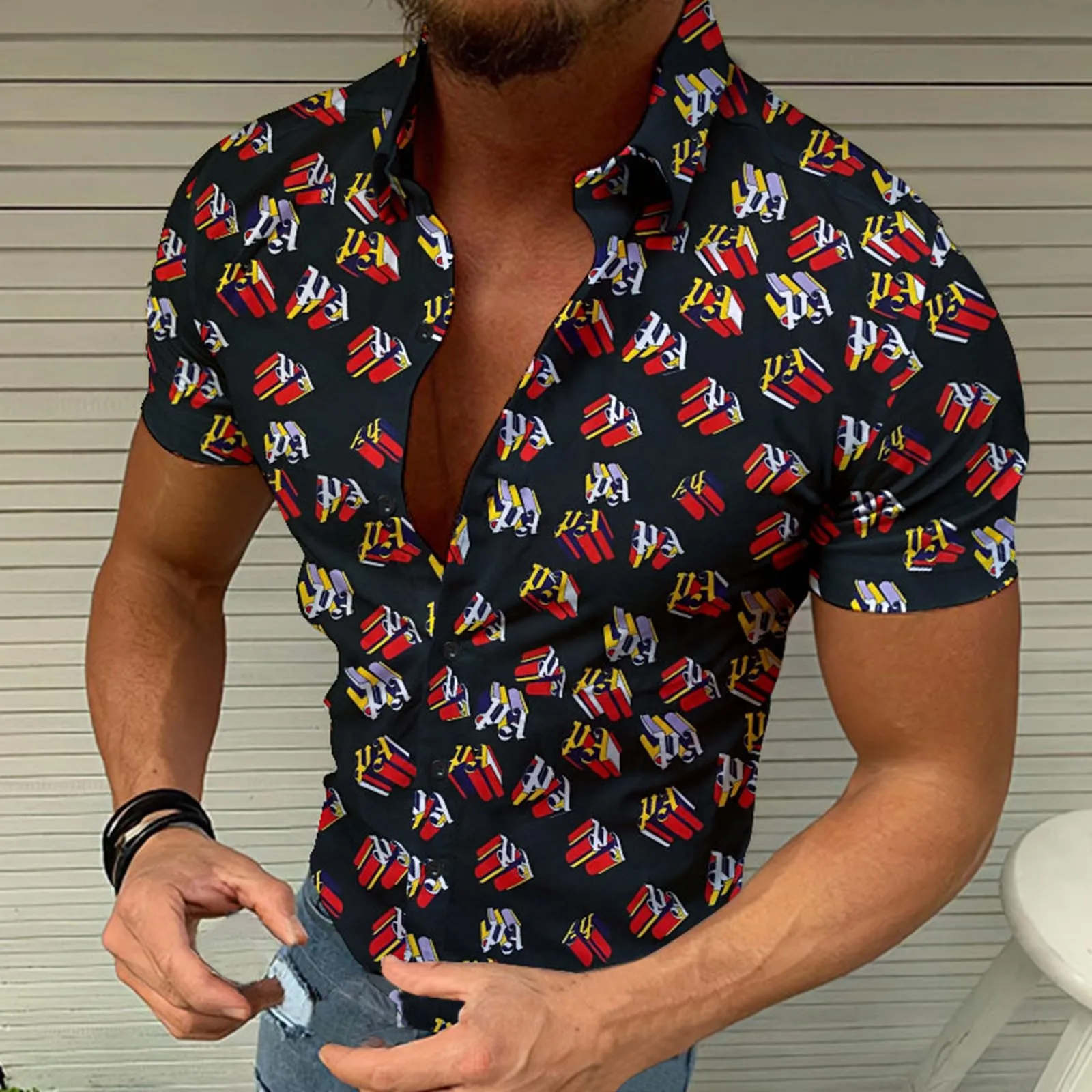 

Gentle Fabric Swim Cap Men Spring Summer Single Breasted Casual Lapel Full Print Beach Short Sleeve Dragon Men Mens Body Romper