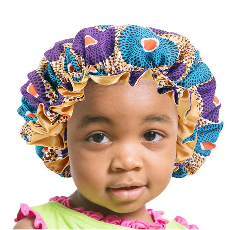 

African Kids Hair Caps Print Ankara Bonnet Stain Silky Big Bonnet Sleep Night Cap Children Headwrap Hat Hair Wrap Styling Tools