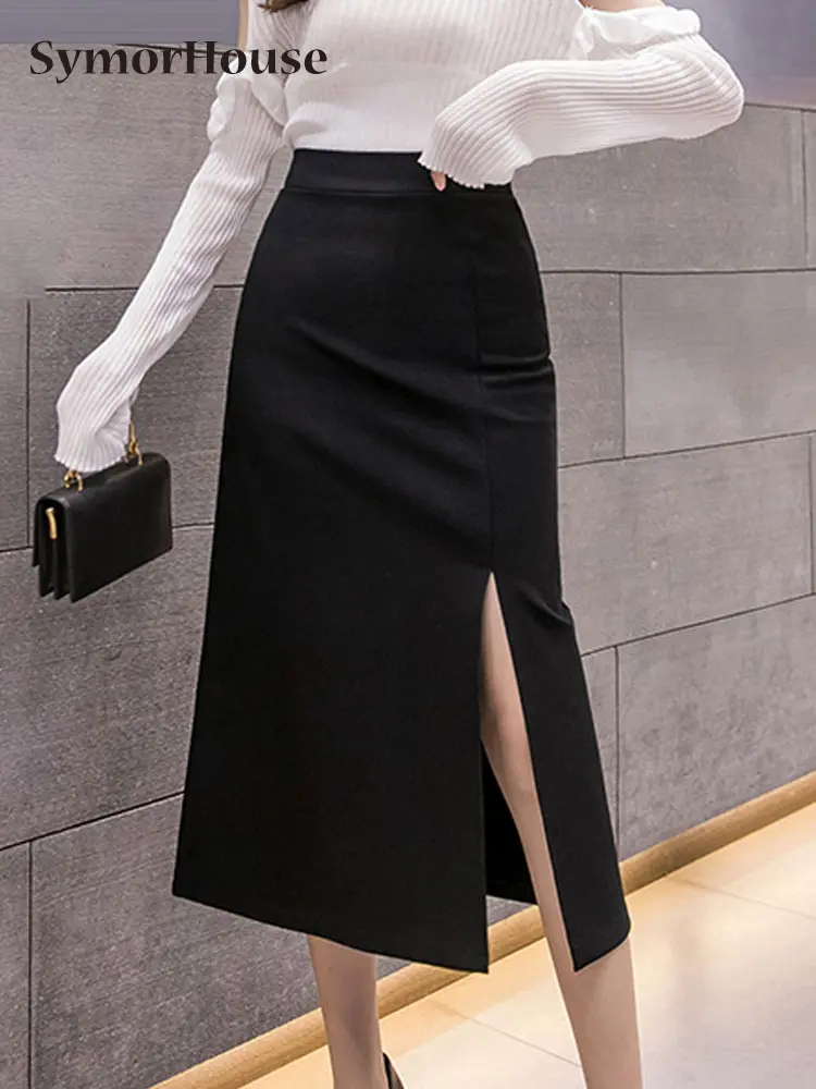 

Юбка Женская средней длины с завышенной талией, модная пикантная офисная трапециевидная черная юбка с разрезом, с запахом на бедрах, в Корейском стиле, лето-осень