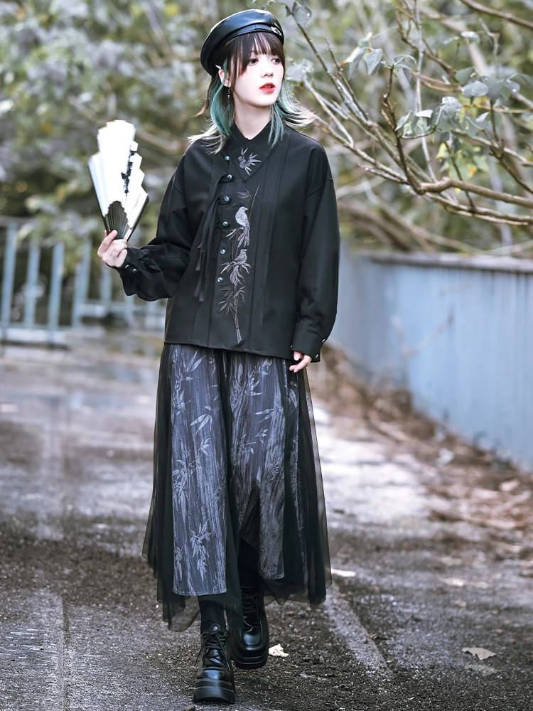 Популярный дизайн Sense новая черная рубашка с длинными рукавами и китайской