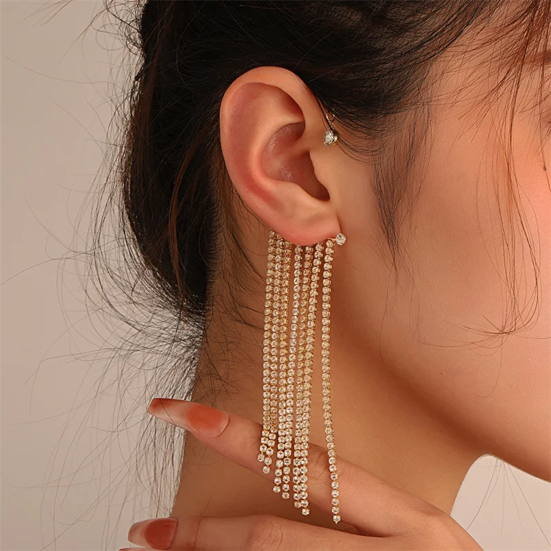 

Fashionable Long Diamond-studded Tassel Earrings Women's Niche Design Geometric C-shaped Ear Clips Without Pierced Earrings