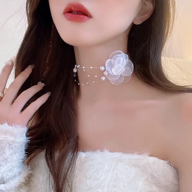 

White/Beige/Black Lace Flower Choker Necklace With Simulated Pearl Short Chain Necklaces For Women Costume Jewelry Beauty Gift