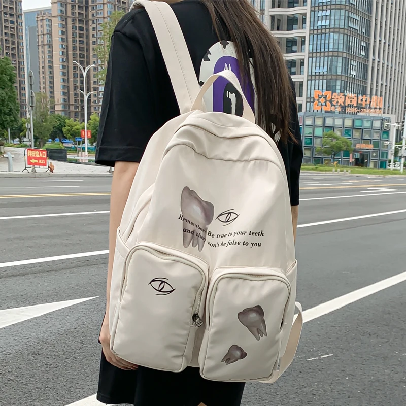JULYCCINO Double Pocket Korean Style Women Backpack Black White Student Shoulder Bag For Teenage Girls School Bag Boys Book Bag