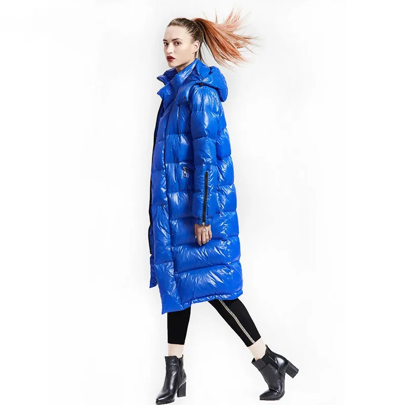 Down Jacket Women's 2022 Winter New Mid-Length Hooded Parkas Glossy Large Size Loose Thick Casual Warm 90 White Duck Down Coats