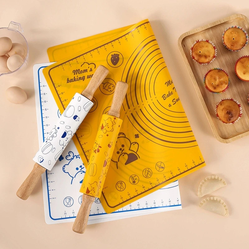 

Large Thickening Silicone Kneading Pad Placemat Non-Stick Baking Mat Rolling Pin Set For Baking Sheet Kitchen Tool