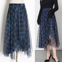 plaid patchwork mesh womens skirts spring fashion new high waist hit color elegant a line skirts female
