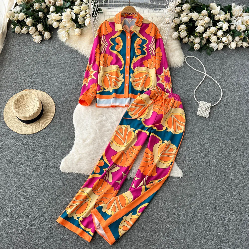 

Spring Indie Folk 2 Piece Set for Women Printed Button Lapel Long Sleeve Blouse + Draw String Wide Leg Pants Beach Vacation New