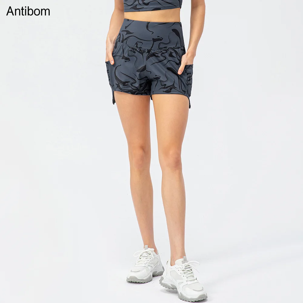 Antibom Sports Shorts Women's Printed Nude Loose High Waist Tennis Fitness Pants Pocket Breathable Running Casual Yoga Leggings