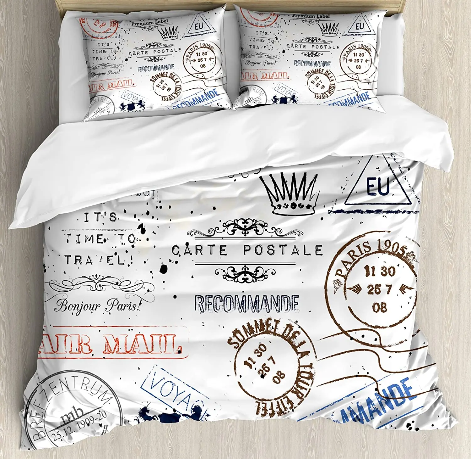 

Vintage Bedding Set For Bedroom Bed Home Retro Post Stamps Postage Mail Paris Antique Arti Duvet Cover Quilt Cover Pillowcase