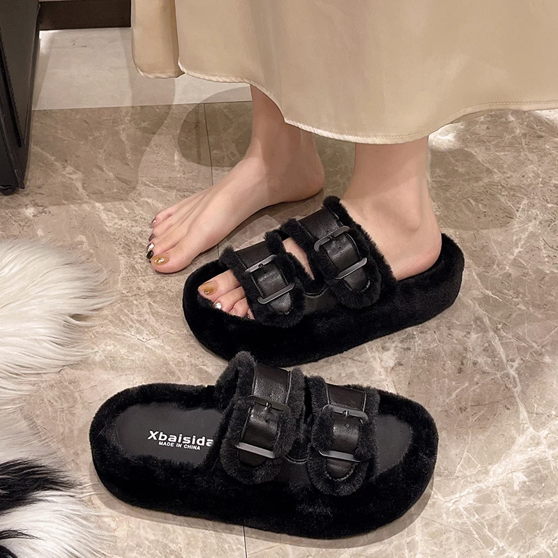 Женская обувь 2024 теплые шлепанцы на платформе меховые зимние плюшевые новые