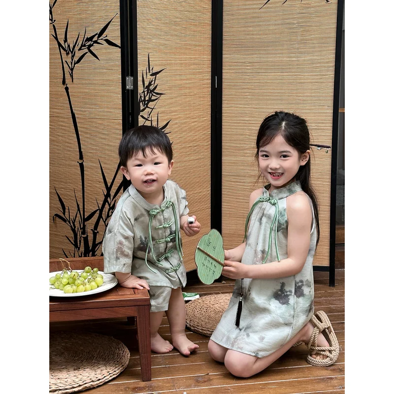 Летний новый стиль китайский наряды для брата и сестры национальный чернильный
