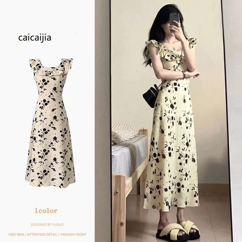 

Summer New Tea Break Flying Sleeve Round Neck Floral Dress Female Design Sense Waist Slimming Long Dress Elegant Fashion Dress