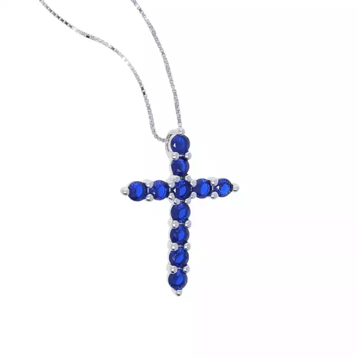 

100% 925 Sterling Silver Iced Out Bling Purple Blue Cubic Zirconia Paved Cross Charm Box Chain Necklaces Women Hip Hop Jewelry