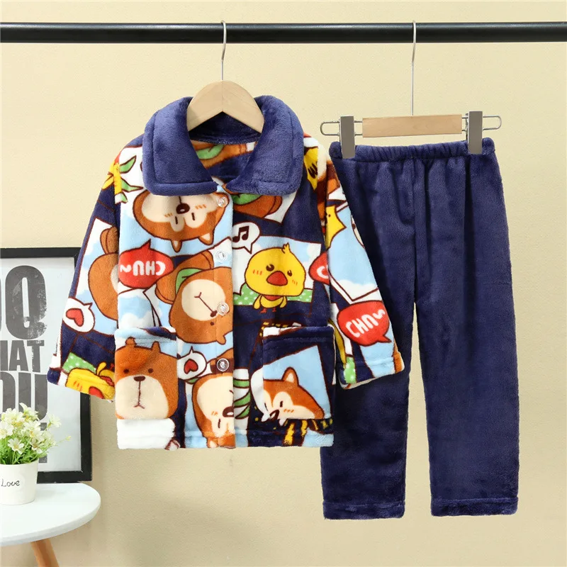 New 2022 Kids Flannel Pajama Sets Autumn Winter Boys Girls Warm Cartoon Long Sleeve Lapel Tops with Pants Sleeping Clothing Set