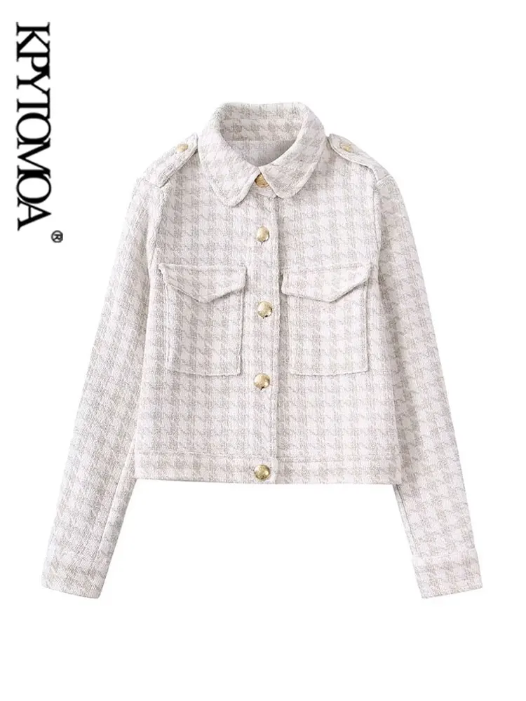 

KPYTOMOA Women Fashion With Pockets Tweed Checked Jacket Coat Vintage Long Sleeve Front Buttons Female Outerwear Chic Tops