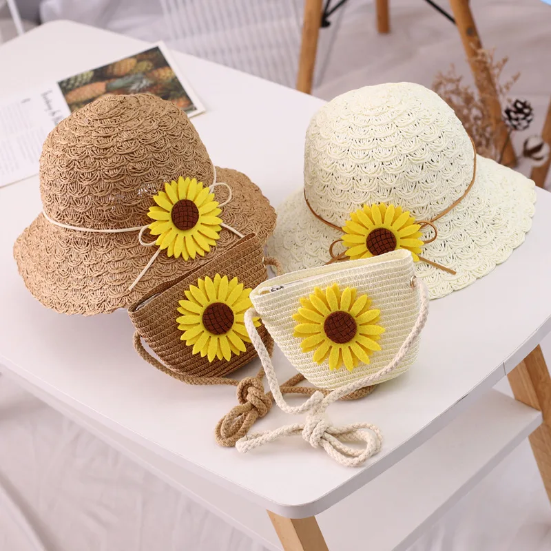 

2 Pcs Set Girl Cute Casual Straw Hat With Handbag Toddler Outdoor Travel Floppy Panama Kids Flower Bow Vacation Beach Bucket Cap