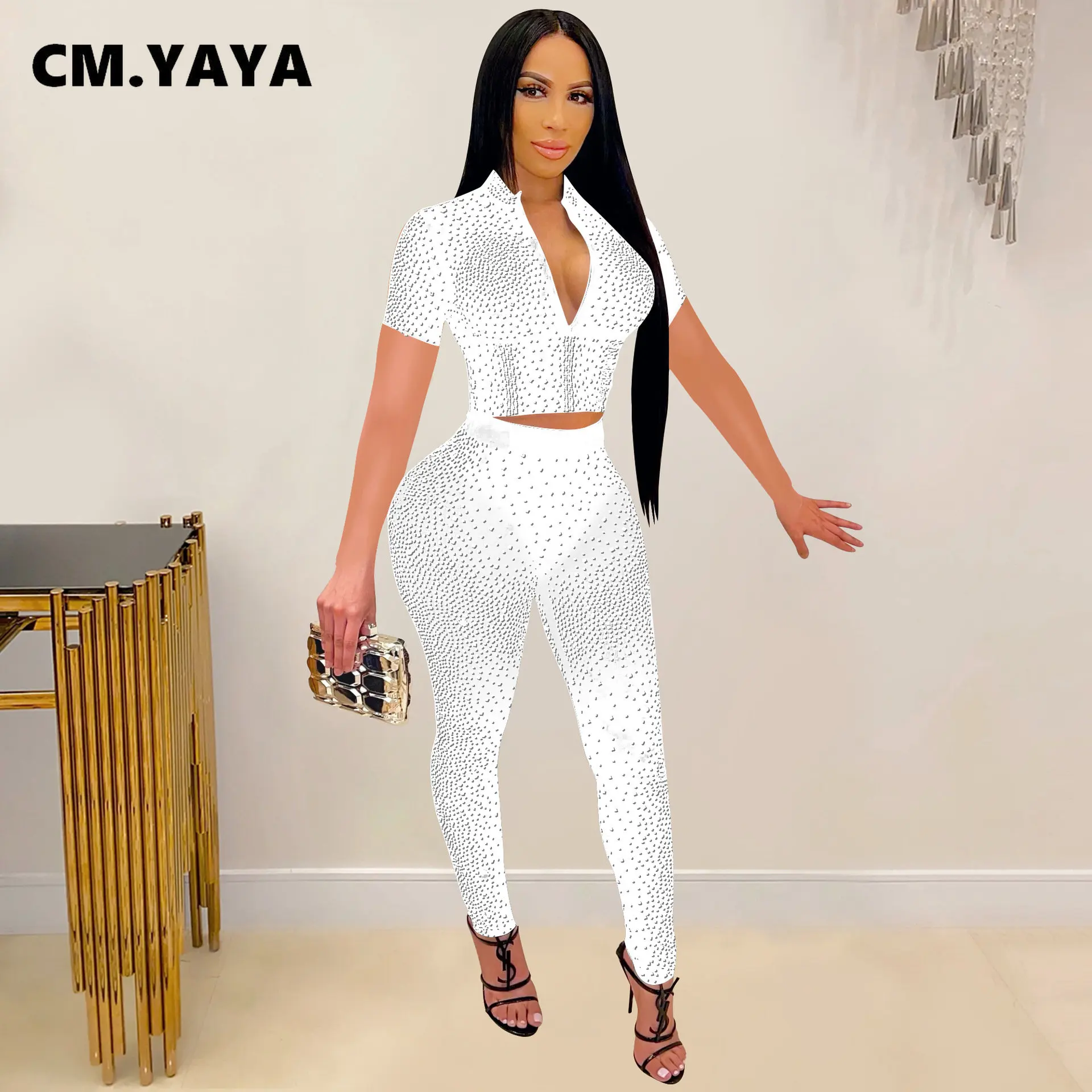 Женский комплект Стразы с бриллиантами CM.YAYA из двух предметов: топ на молнии