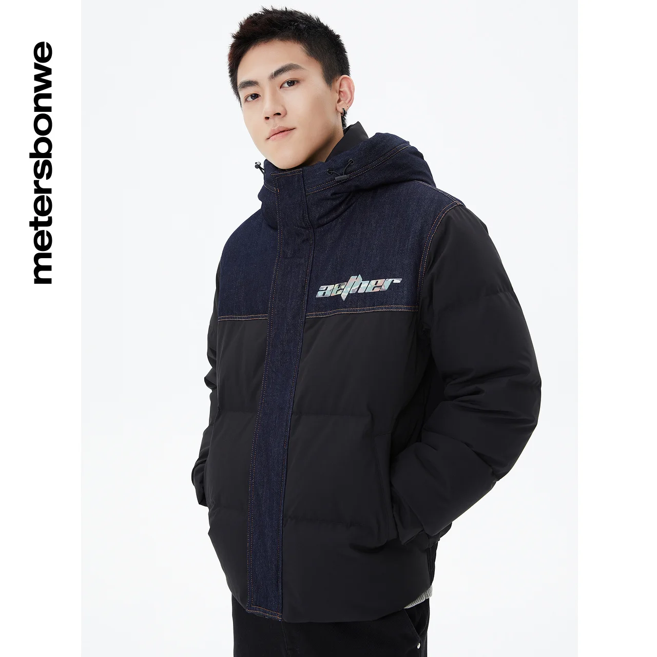 Metersbonwe Down Jacket Men Winter Back Printed Mid-length Hooded Down Coat Male Brand Loose Outerwear Fashion Warm Coat New