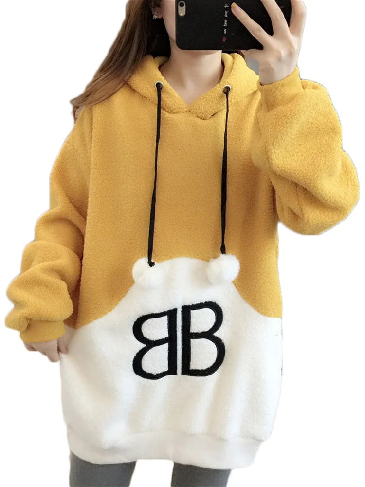 

Hoodies Women Yellow Stitching Colors Letter Lantern Long Sleeve Hooded Sweatshirts 2022 Autumn Winter New Lamb Velvet Hoodies