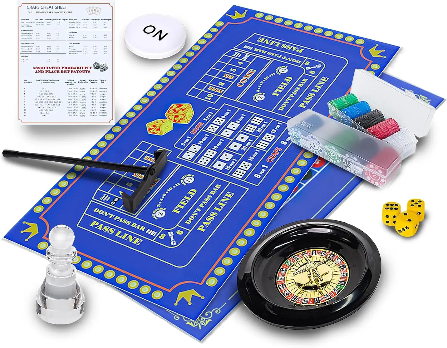 

Roulette Wheel and Craps Set with Double Sided Felt, 10 Inch Roulette, Chip Rake, 200 Chips, Roulette Marker, 3 Dices, Perfect f