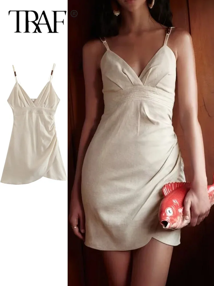 

TRAF Beading Mini Dress Woman Sleeveless Slip Bodycon Dress Women Pleated Sexy Short Dresses Women Summer Backless Beach Dress