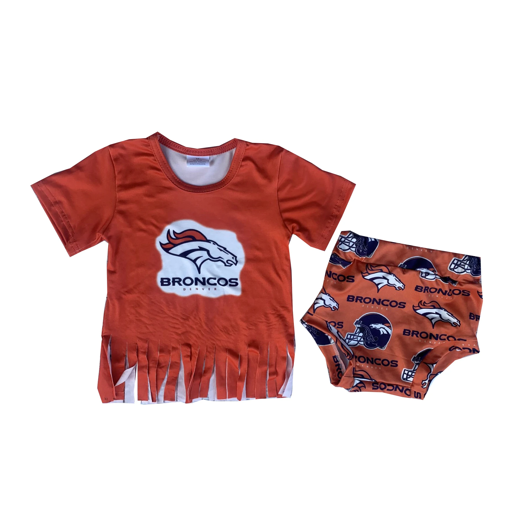 

New Baby Outfits Summer Short Sleeves Tassel Top Team Print Bummie Set