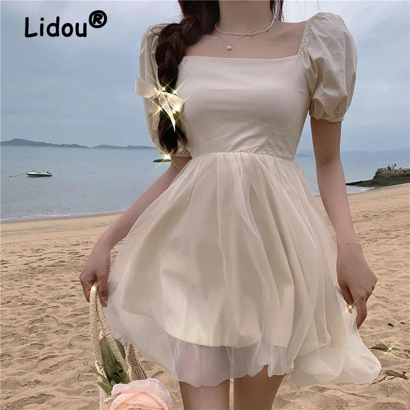 

Girl Summer Chiffon Young Sweet Style Ball Gown Dress Puff Short Sleeves Backless Mesh Square Neck A-line Women Princess Dresses