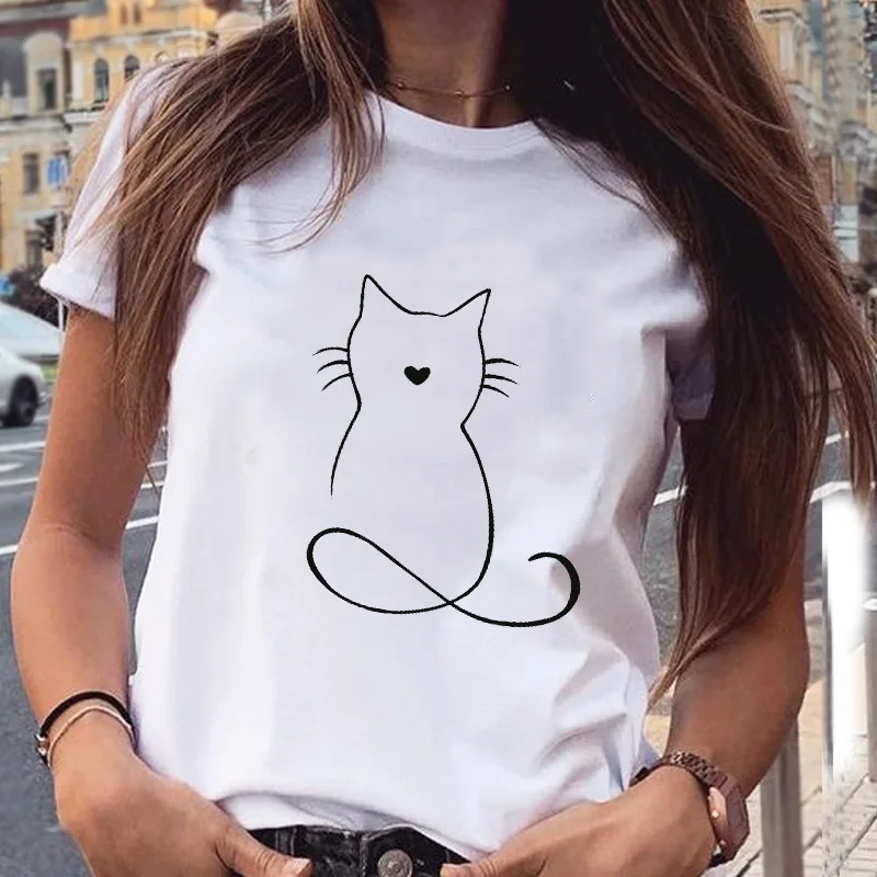 

Women Cute Cat Print Clothes New Lovely Female Tops Tee T Shirt Fashion Print O-neck Ladies Graphic T-Shirt