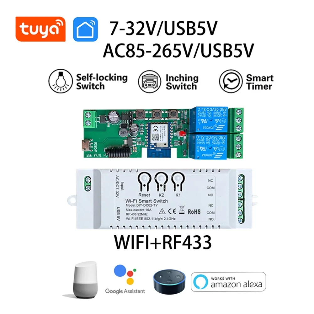 

Умный пульт дистанционного управления Tuya, 7-32 В переменного тока 85-265 в, беспроводной модуль переключения Wi-Fi для Alexa Google Home, «сделай сам», 2 канала, радиочастотный Приемник 433 МГц