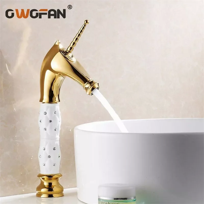 

Basin Faucets Horse Head Solid Brass Bathroom Sink Taps Crystal Glass Decorative Deck Mounted Hot and Cold Washbasin Tap HJ-819K