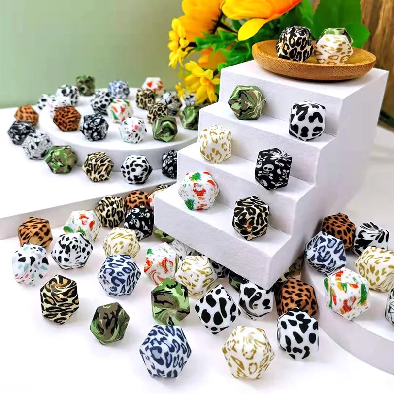 50Pcs 14mm Hexagon Silicone Beads Leopard Print Food Grade Baby Teether Beads DIY Baby Teething Pacifier Necklace Accessories