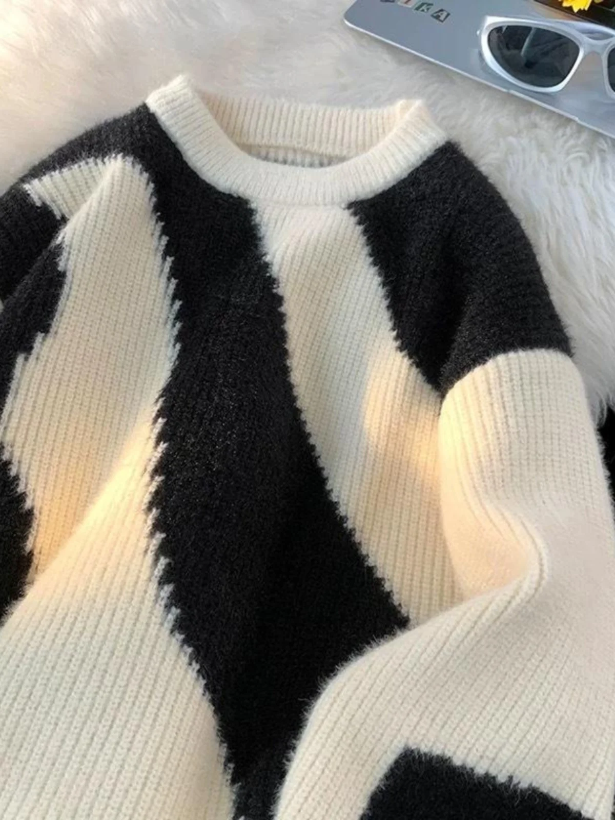 Зеленый лоскутный вязаный свитер контрастного цвета мужская зимняя теплая